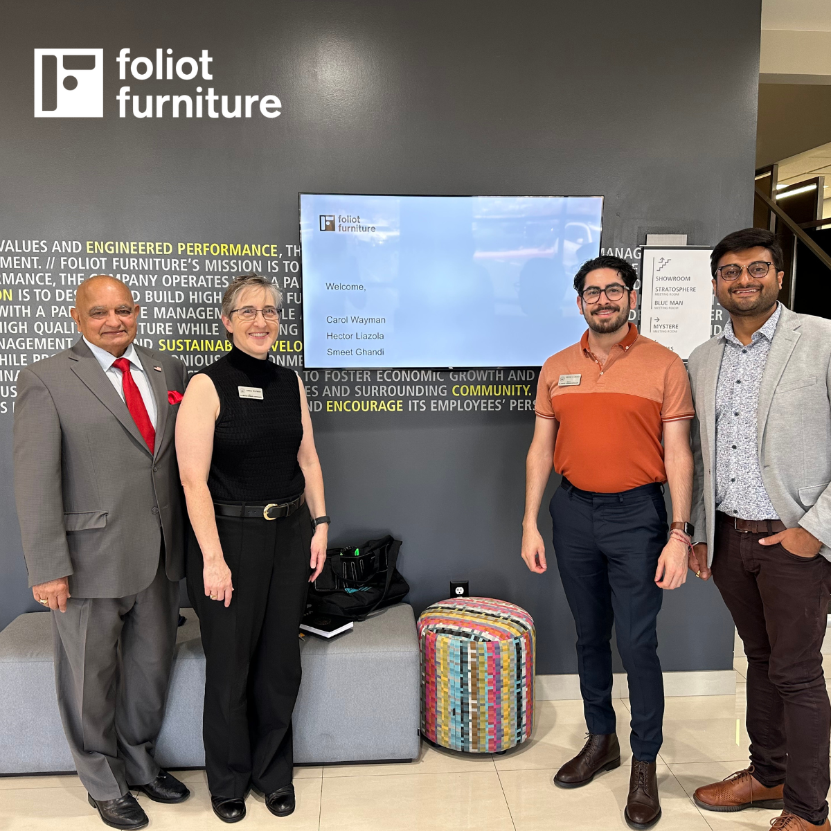 Left to Right: Mahesh Parekh, Former AAHOA Board Member; Carol Wayman, Senior Policy Adviser for Sen. Cortez Masto; Hector Lizaola, Regional Representative for Sen. Cortez Masto, and Smeet Gandhi, local owner of Tal Palace Indian Cuisine met at Foliot Furniture and explored the connections between government policy and hospitality innovation